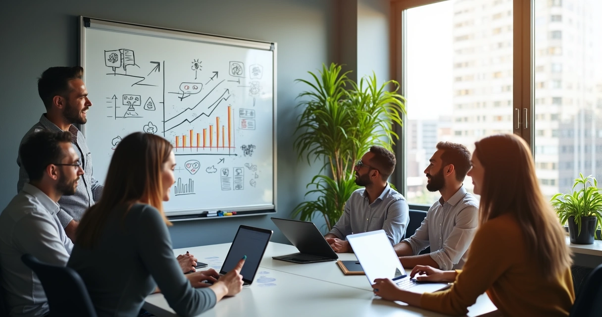 Equipe em reunião de estratégia de marketing digital 