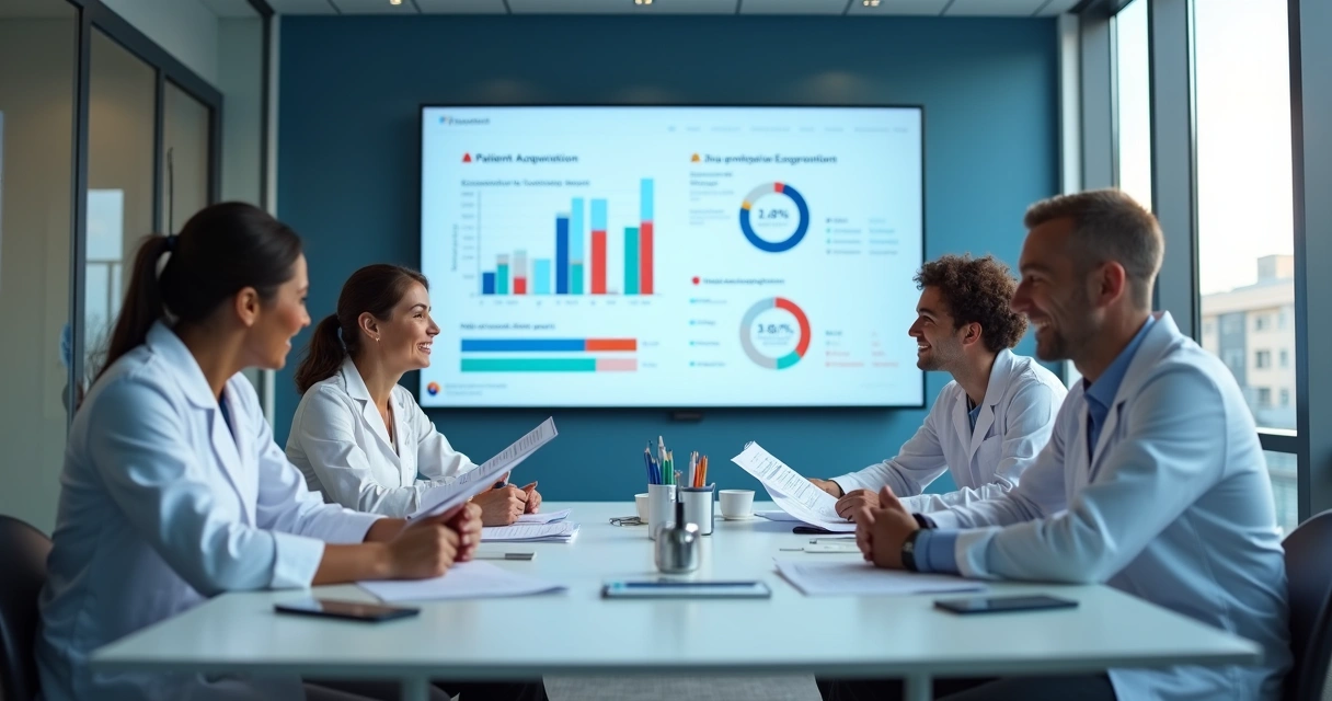 Equipe médica em sala de reunião analisando resultados de marketing 