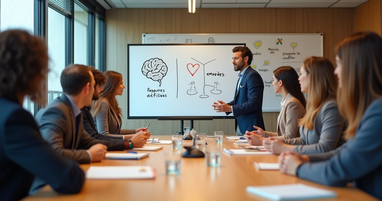 Equipe diversa em reunião discutindo emoções e conflitos no trabalho 