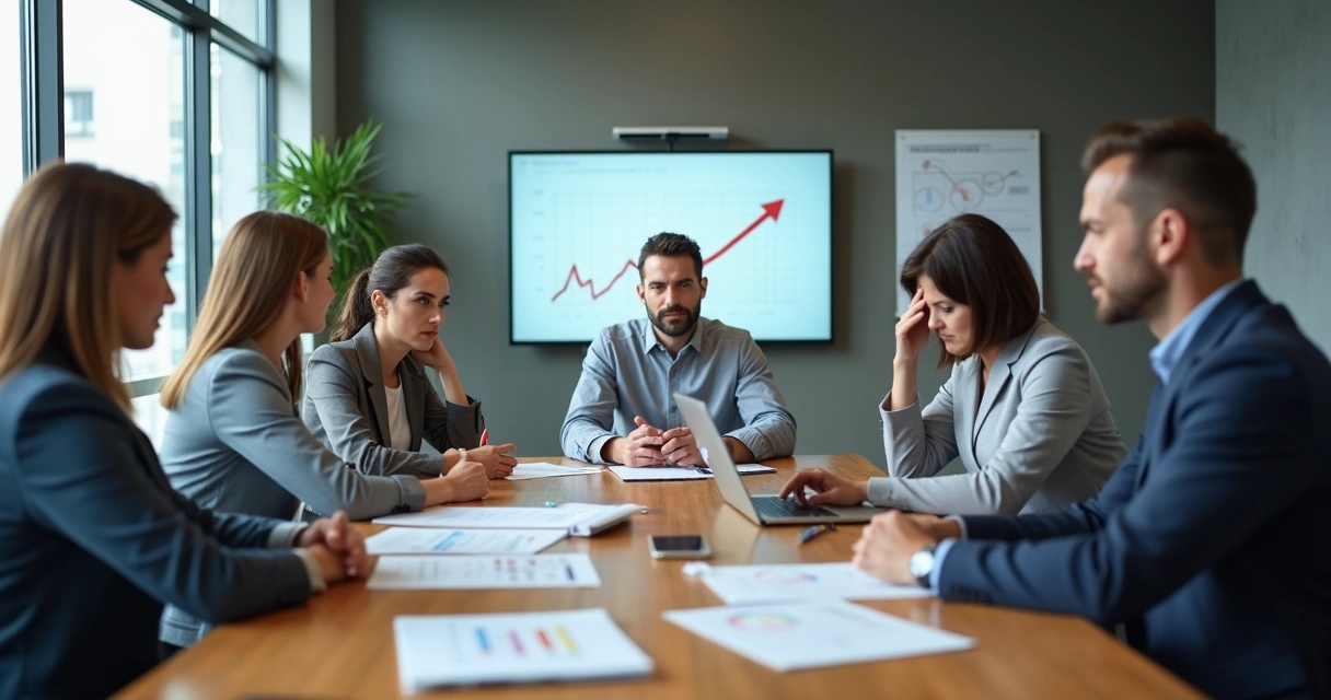 Líder em reunião com equipe tensa em sala de escritório moderna 