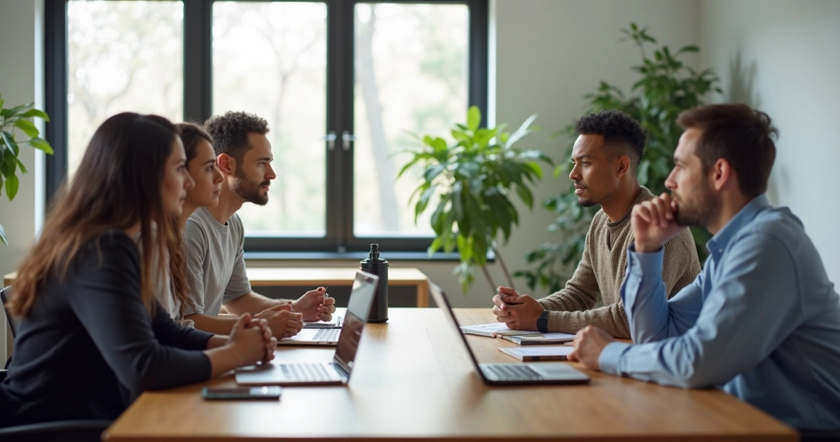 Equipe diversa em reunião calma em escritório moderno 