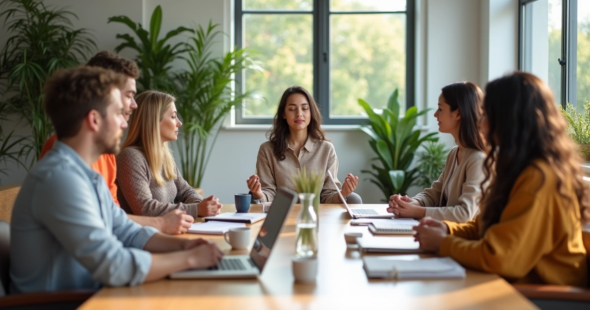Equipe diversa em reunião de trabalho com uma pessoa em posição de meditação ao centro 