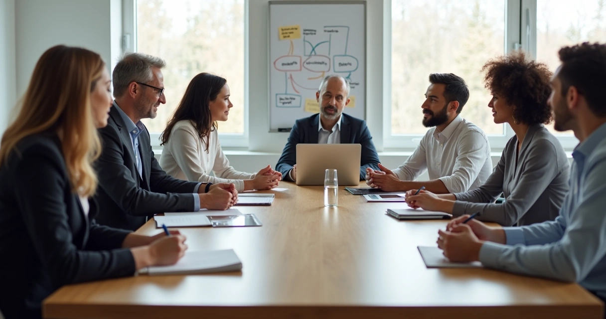 Equipe diversa em reunião de trabalho colaborativa em torno de uma mesa 