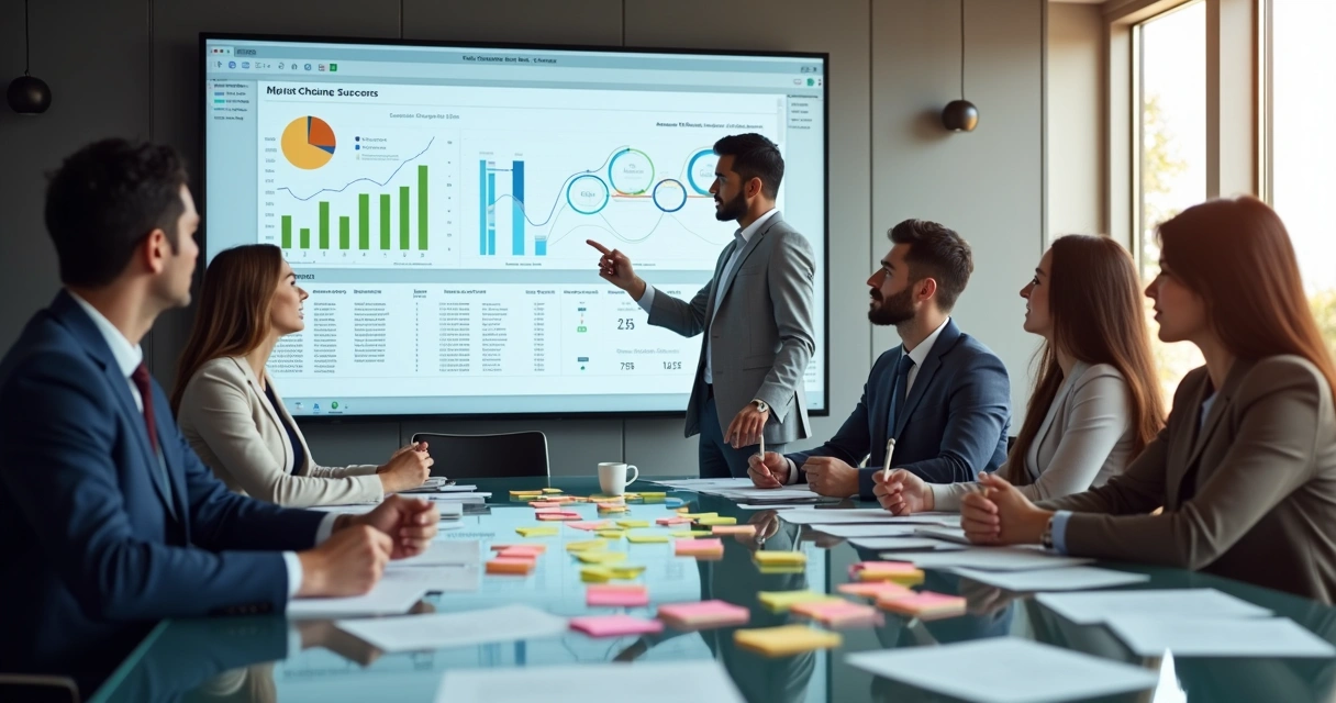 Equipe em reunião discutindo metas de receita recorrente 