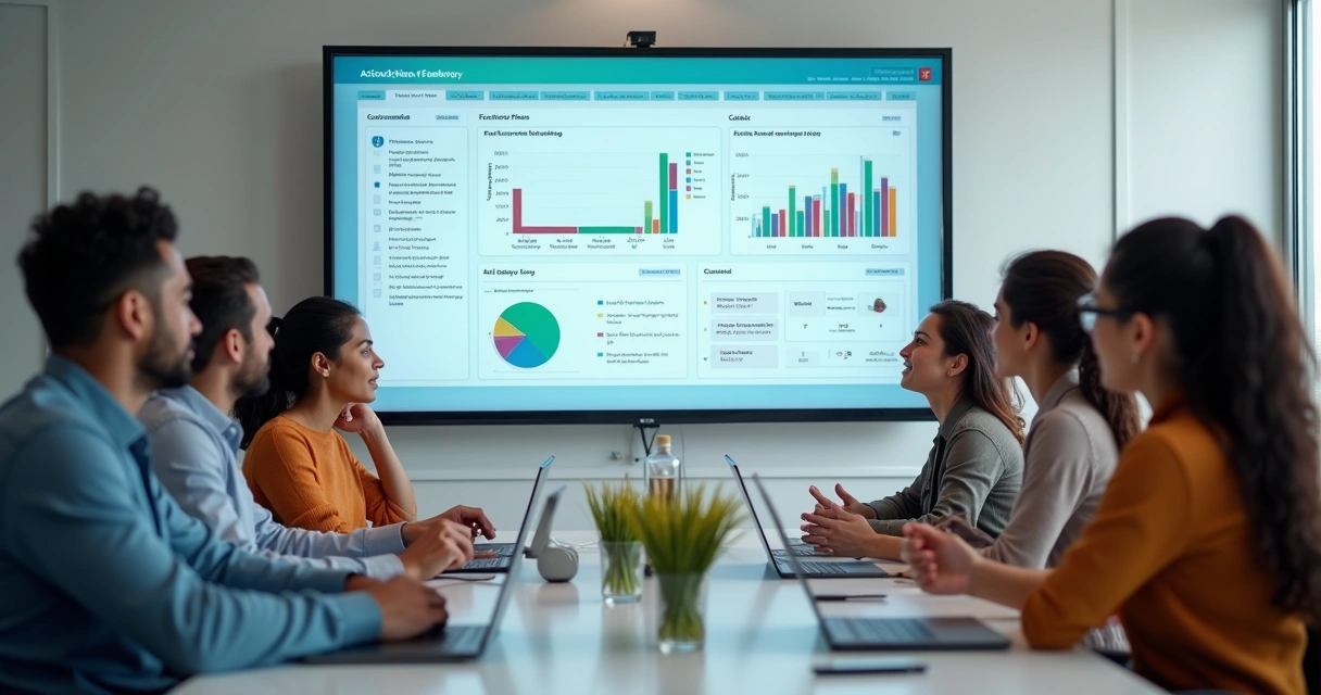 Equipe reunida analisando painel digital de monitoramento 