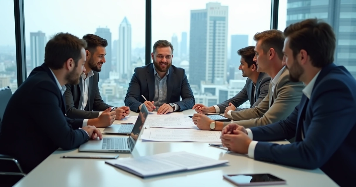 Equipe multicultural reunida em uma sala de reunião discutindo um documento 