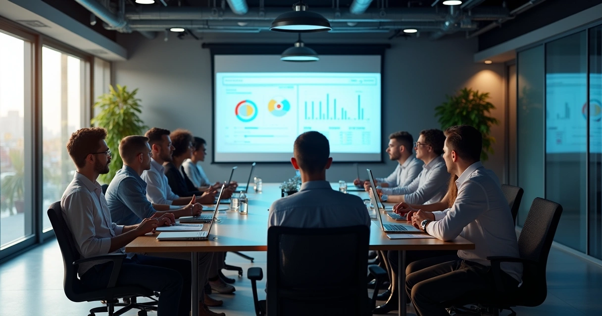 Equipe de negócios e TI reunida analisando contratos e KPIs 