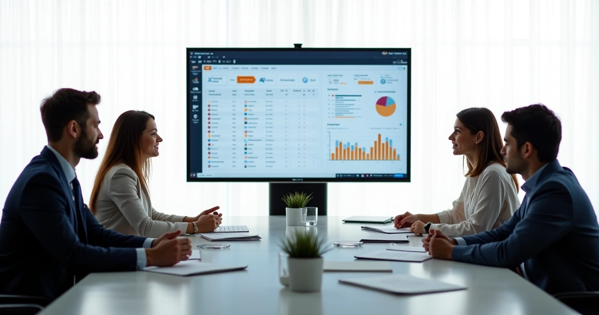 Equipe em reunião discutindo checklist de processos 