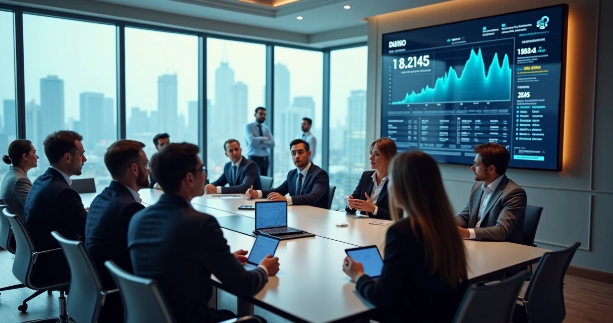 Equipe reunida olhando para painel digital de indicadores 