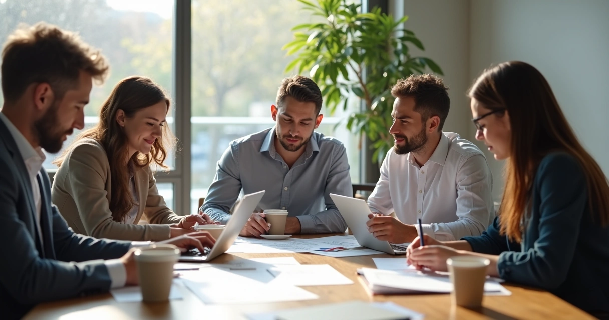 Equipe de atendimento reunida ao redor de uma mesa discutindo estratégias 