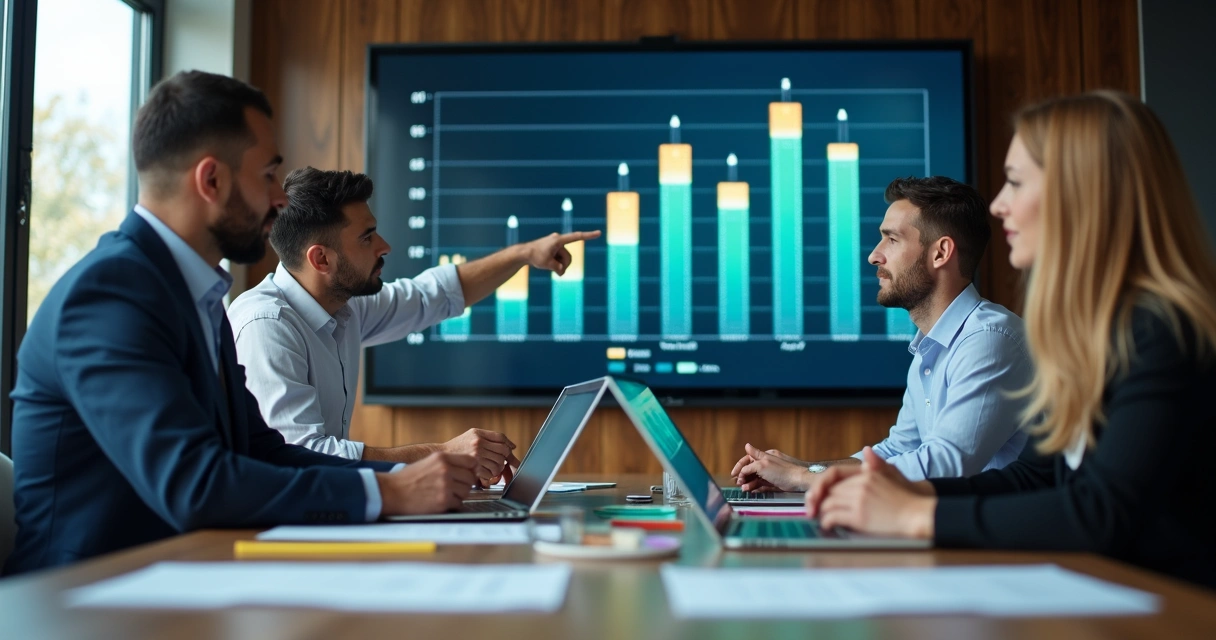 Equipe em reunião analisando projeções financeiras em uma TV 
