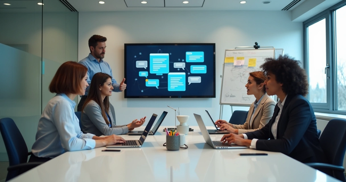 Equipe em reunião mostrando interface digital de comunicação interna 
