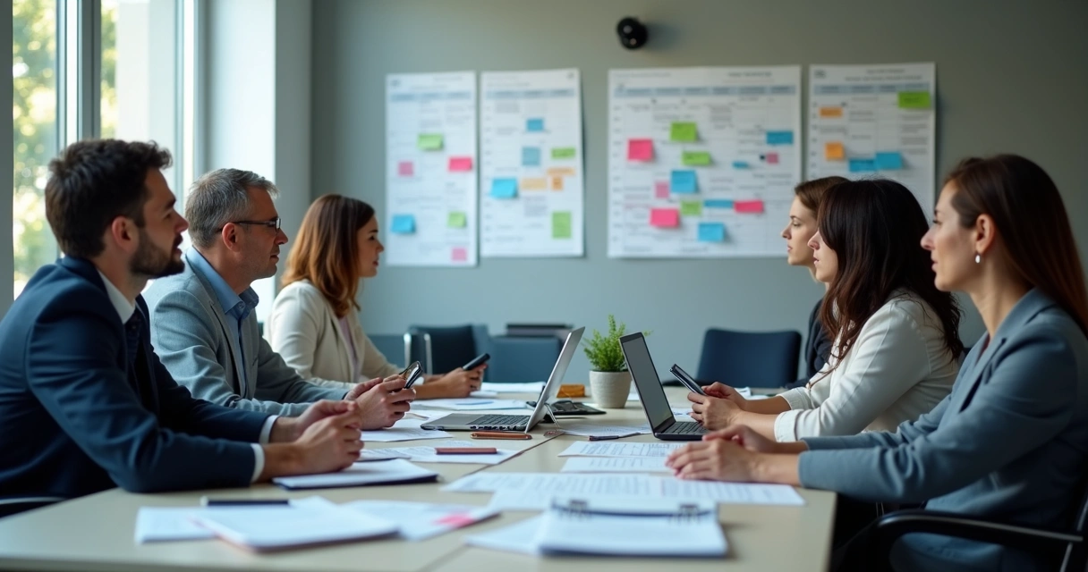 Equipe parlamentar reunida revisando tarefas e calendário 