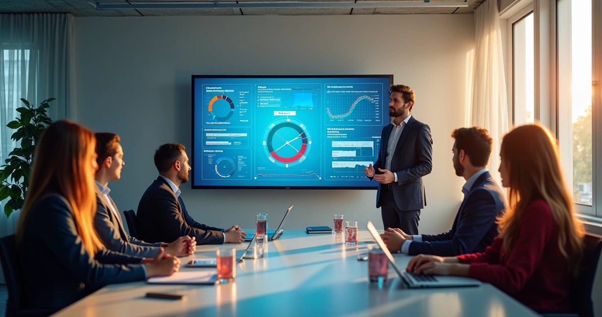 Colaboradores em reunião discutindo relatórios de ponto 