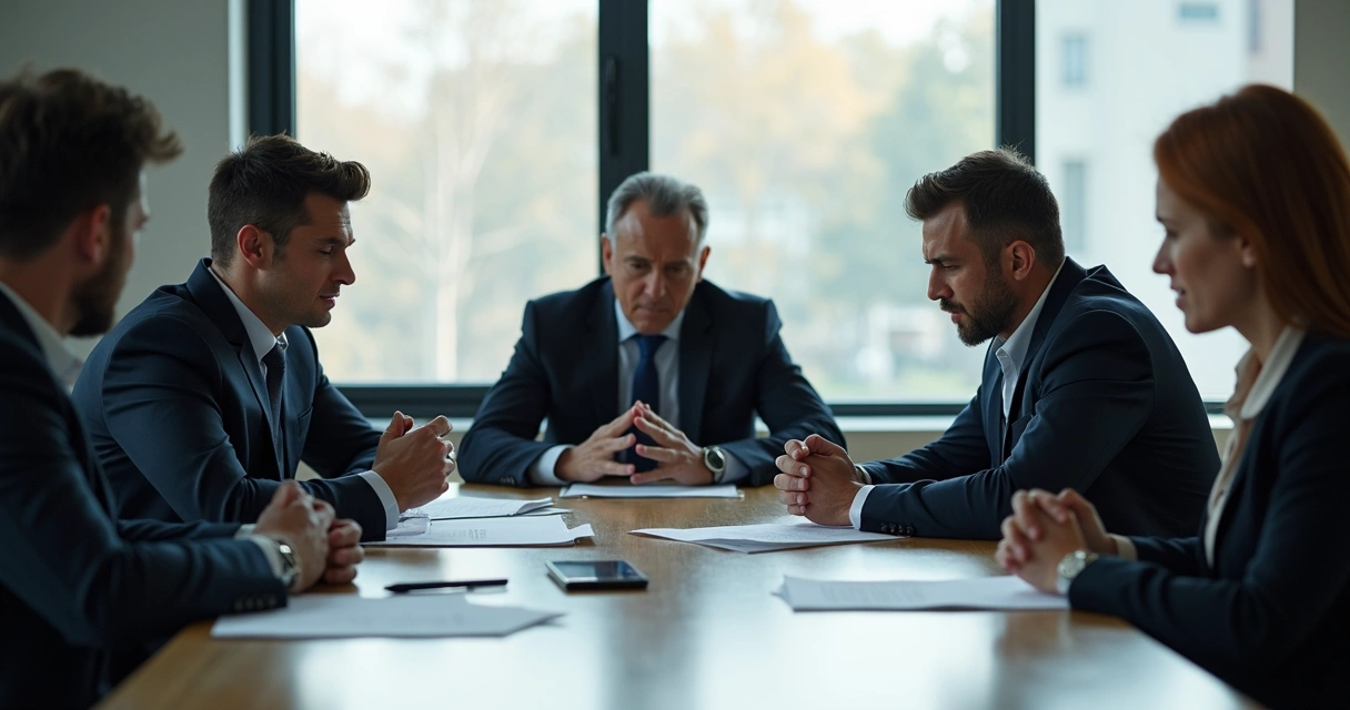 Equipe de projeto em reunião com expressões preocupadas 