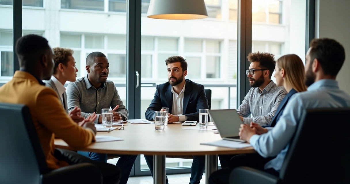 Equipe de negócios reunida à mesa, todos atentos e participando 