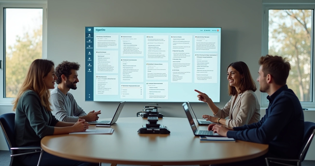 Equipe reunida ao redor de mesa em reunião de acompanhamento