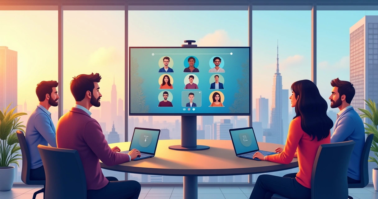 Equipe em reunião virtual usando computadores 