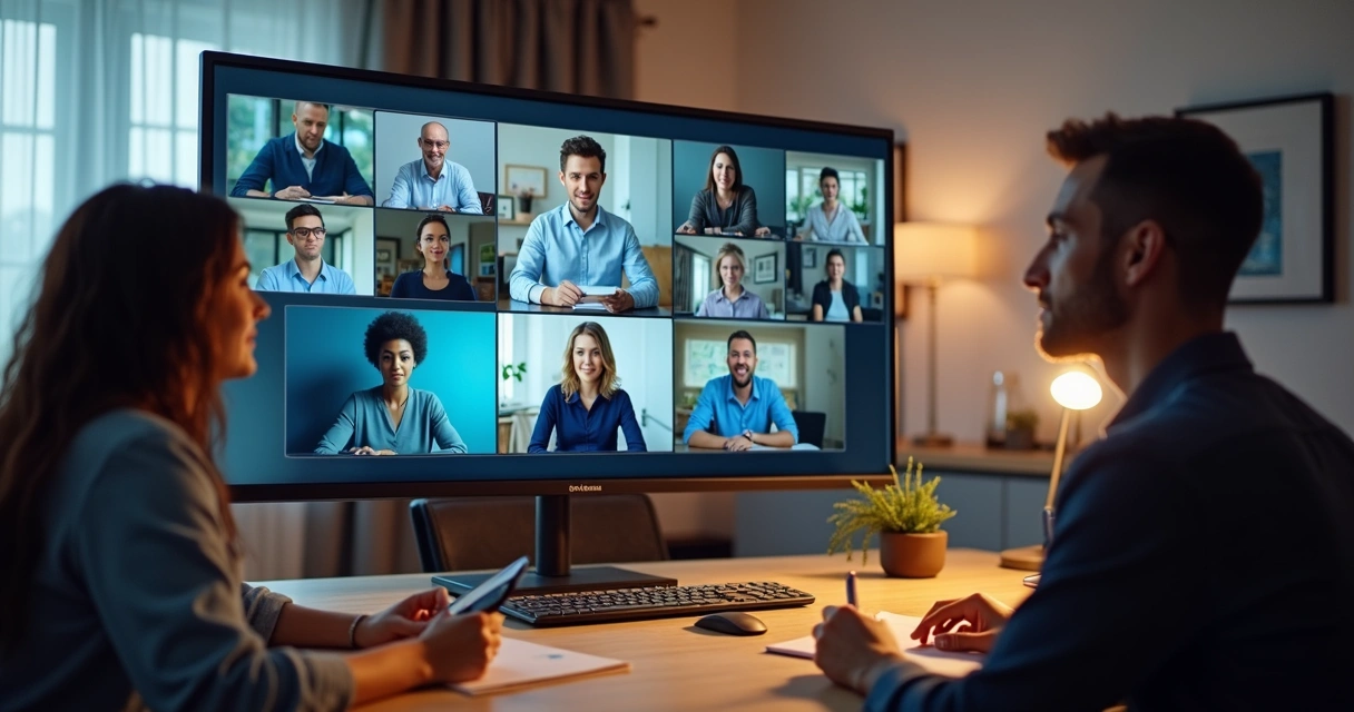 Diversos profissionais em videoconferência, cada um em seu escritório, com expressões atentas.