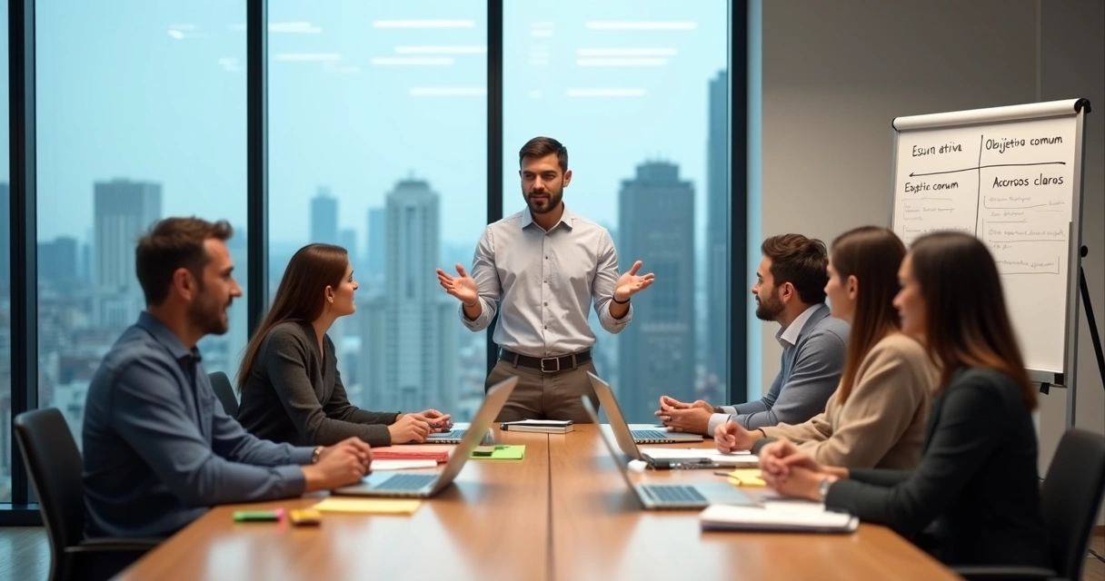 Equipe diversa em reunião mediando conflitos no escritório 