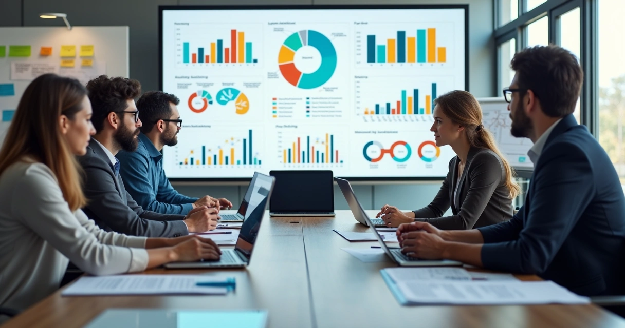 Equipe de profissionais em reunião de retrospectiva com gráficos e indicadores no ambiente corporativo 