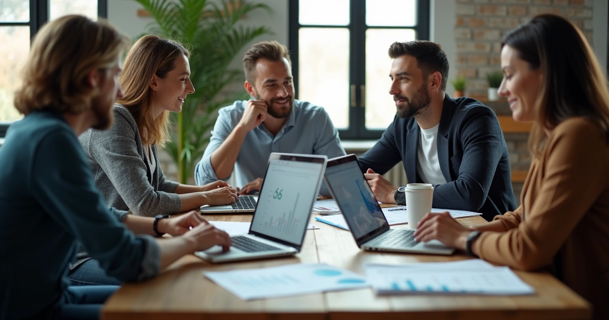 Equipe reunida discutindo rotina financeira ao redor de uma mesa 