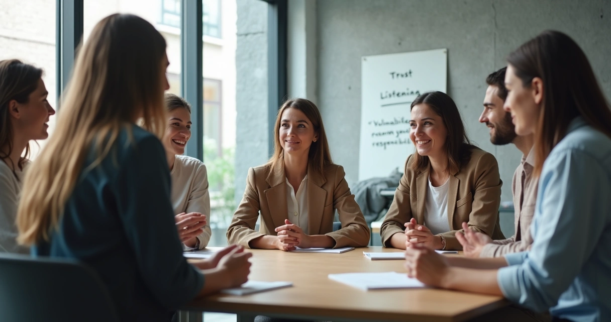 Equipe diversa em reunião em círculo praticando escuta e segurança emocional 