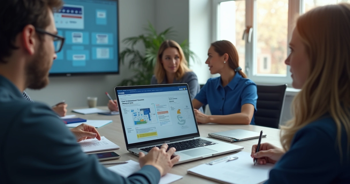 Equipe reunida usando sistema político em notebook 