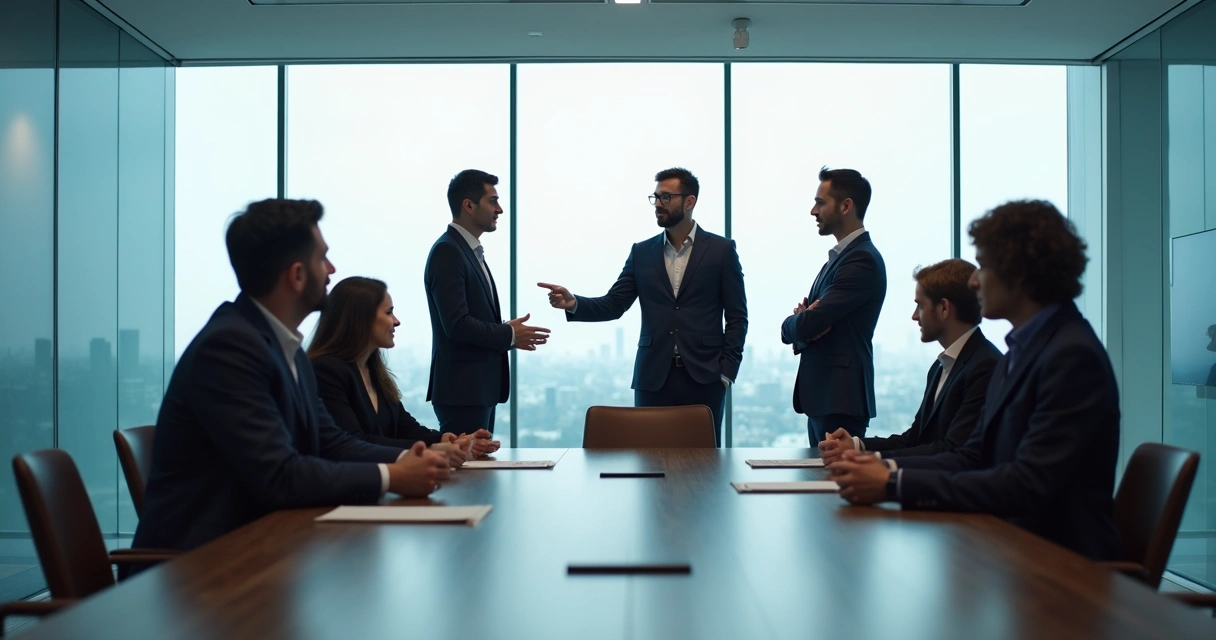 Equipe em reunião observando posições no ambiente 