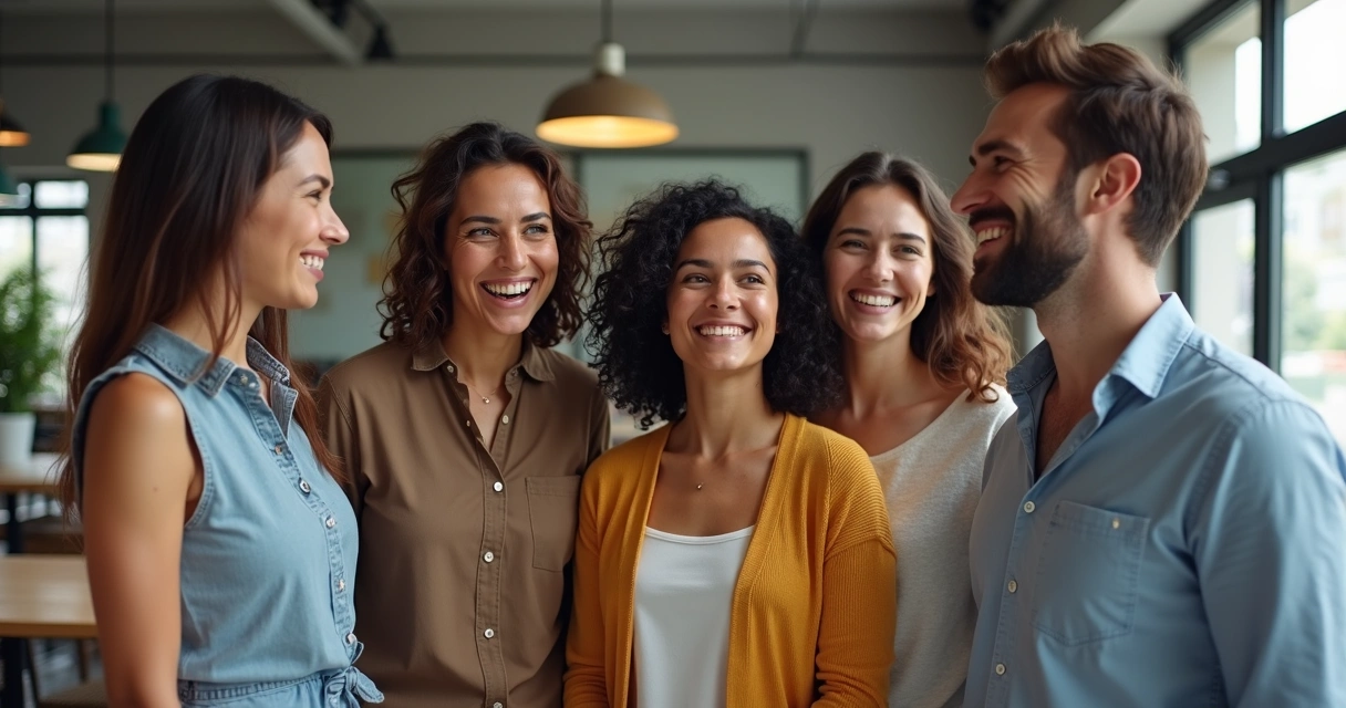 Equipe diversa sorrindo e conversando em reunião informal. 