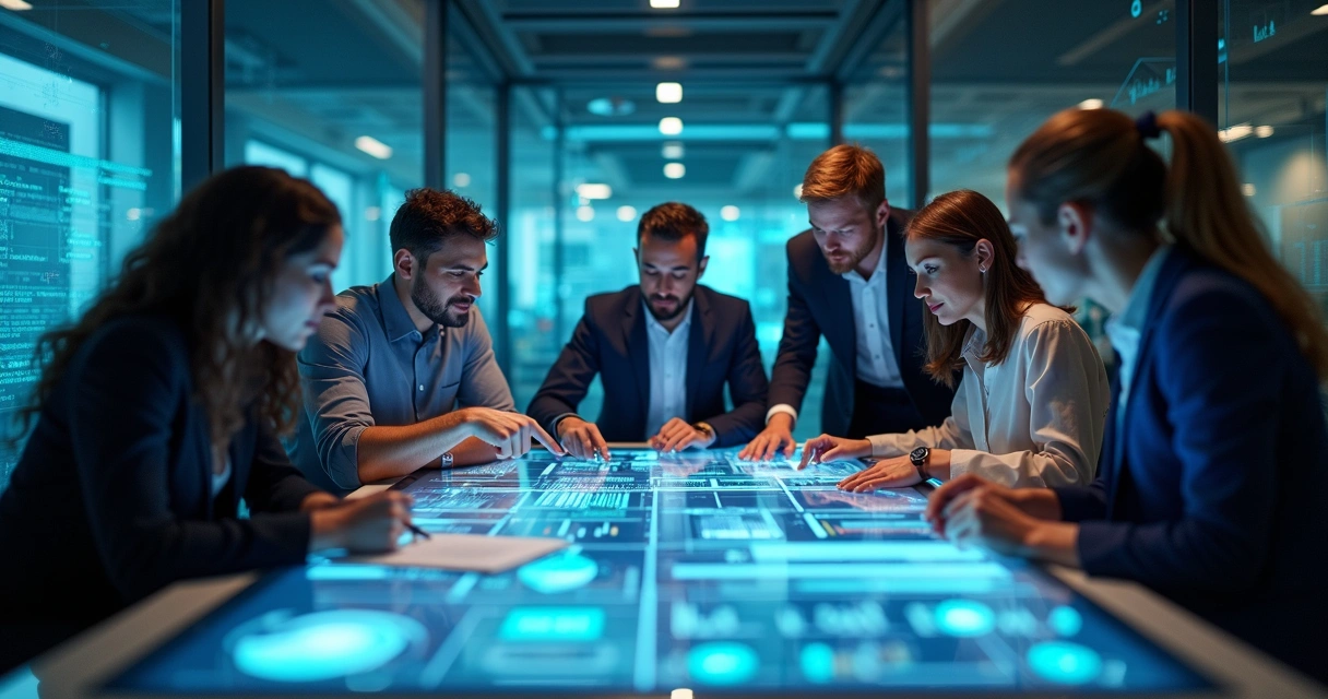 Equipe de marketing analisando dados em telas digitais 