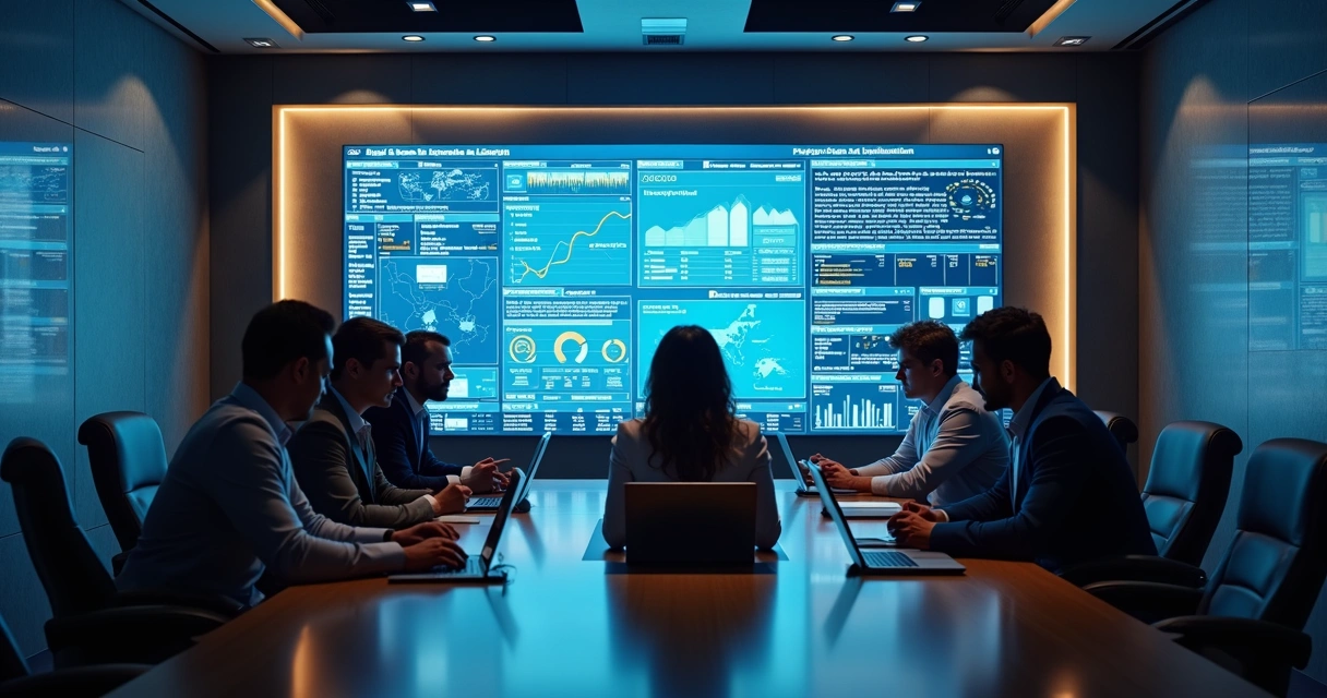 Equipe reunida analisando gráficos digitais em uma sala de reuniões moderna 