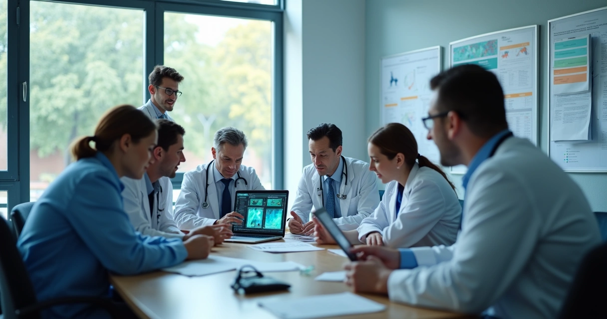 Profissionais de saúde em reunião usando notebook com gráficos em tela 