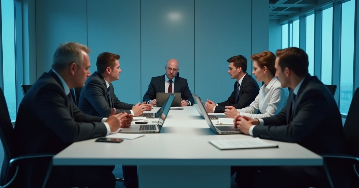 Equipe em uma reunião corporativa com expressões tensas e postura fechada, refletindo resistência a mudanças. 