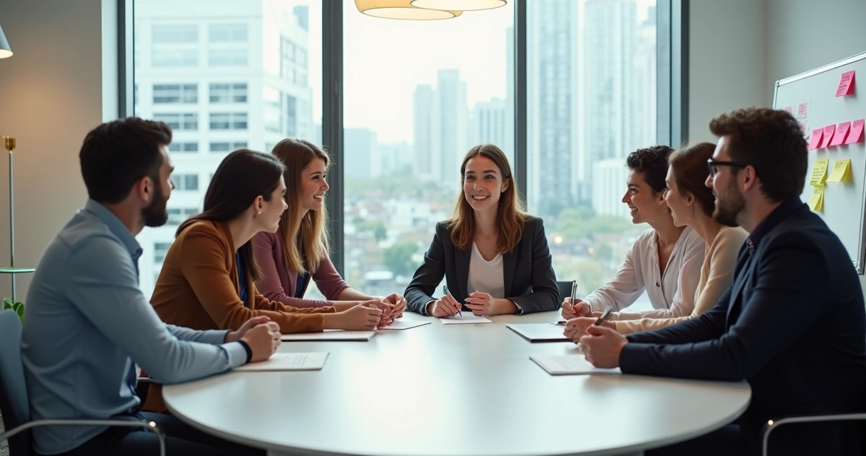 Equipe em reunião de trabalho ao redor de uma mesa 