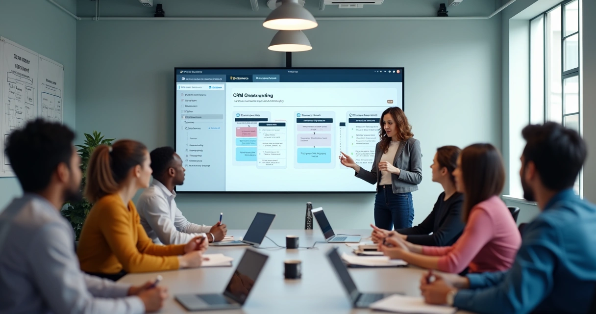 Equipe em reunião de treinamento de CRM em agência digital