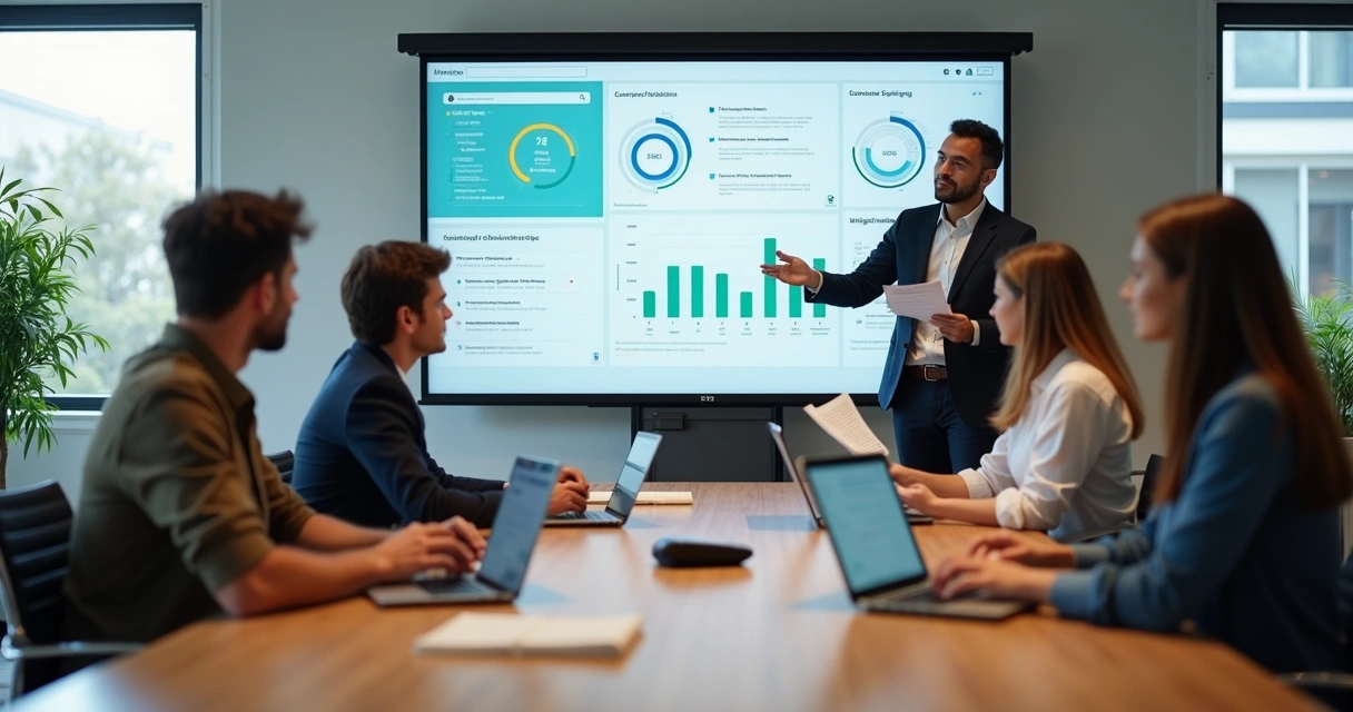 Equipes digitais reunidas para treinamento de atendimento humanizado. 