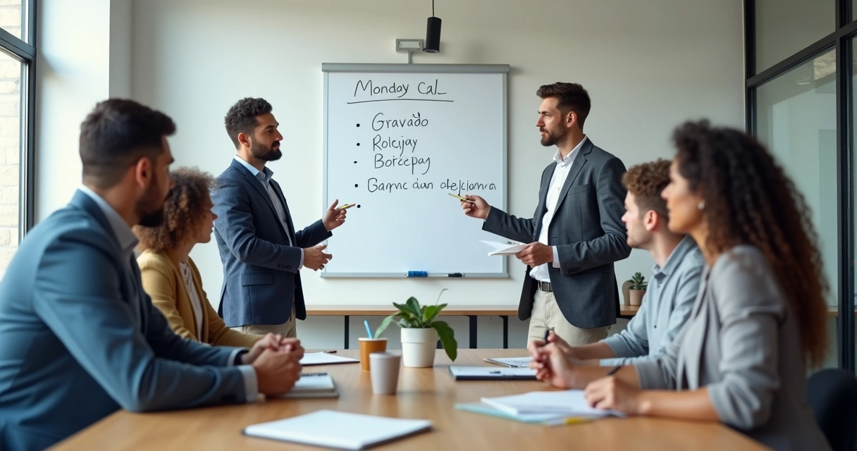 Equipe reunida em reunião semanal de treinamento de vendas 