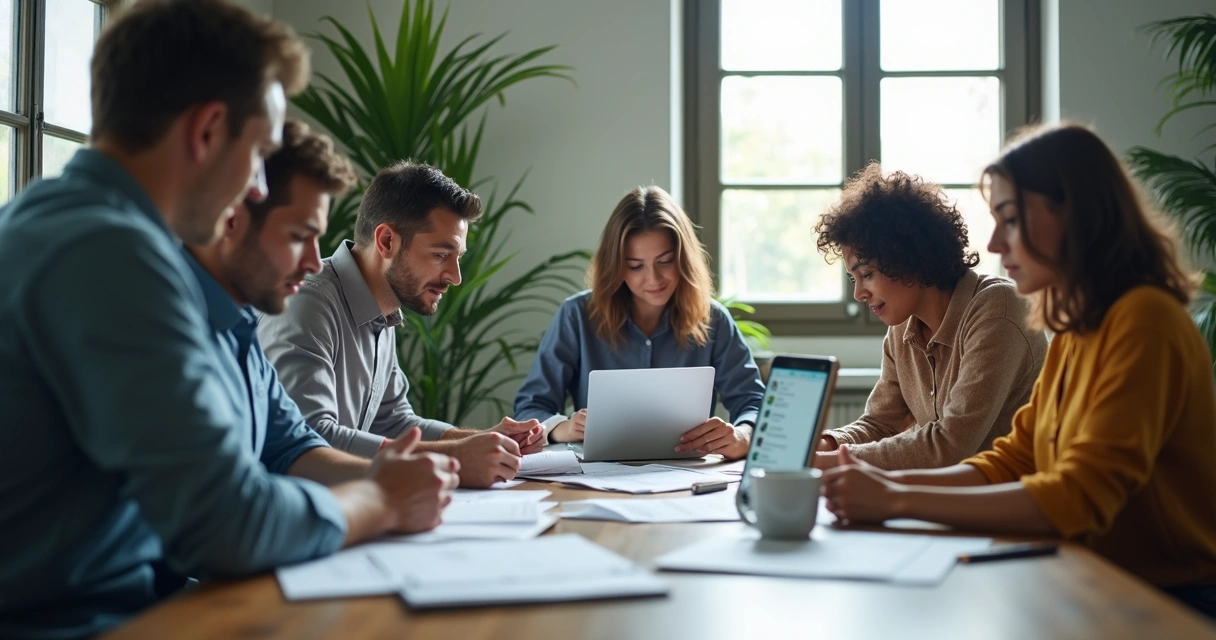 Pequena equipe reunida analisando metas de vendas 