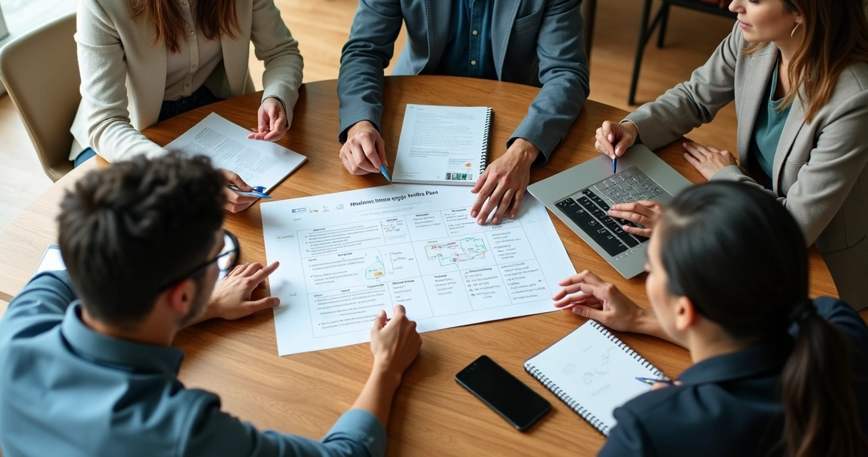 Equipe pequena reunida analisando etapas de vendas em uma mesa