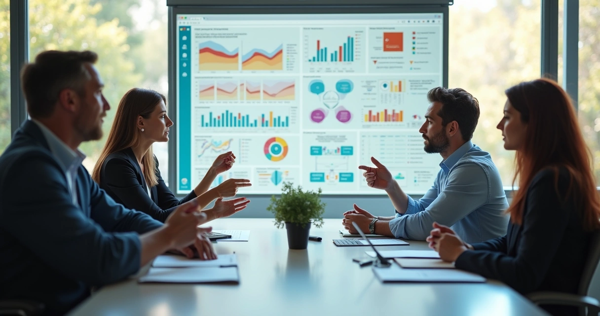 Equipe de vendas reunida em uma sala discutindo processos com gráficos na parede 