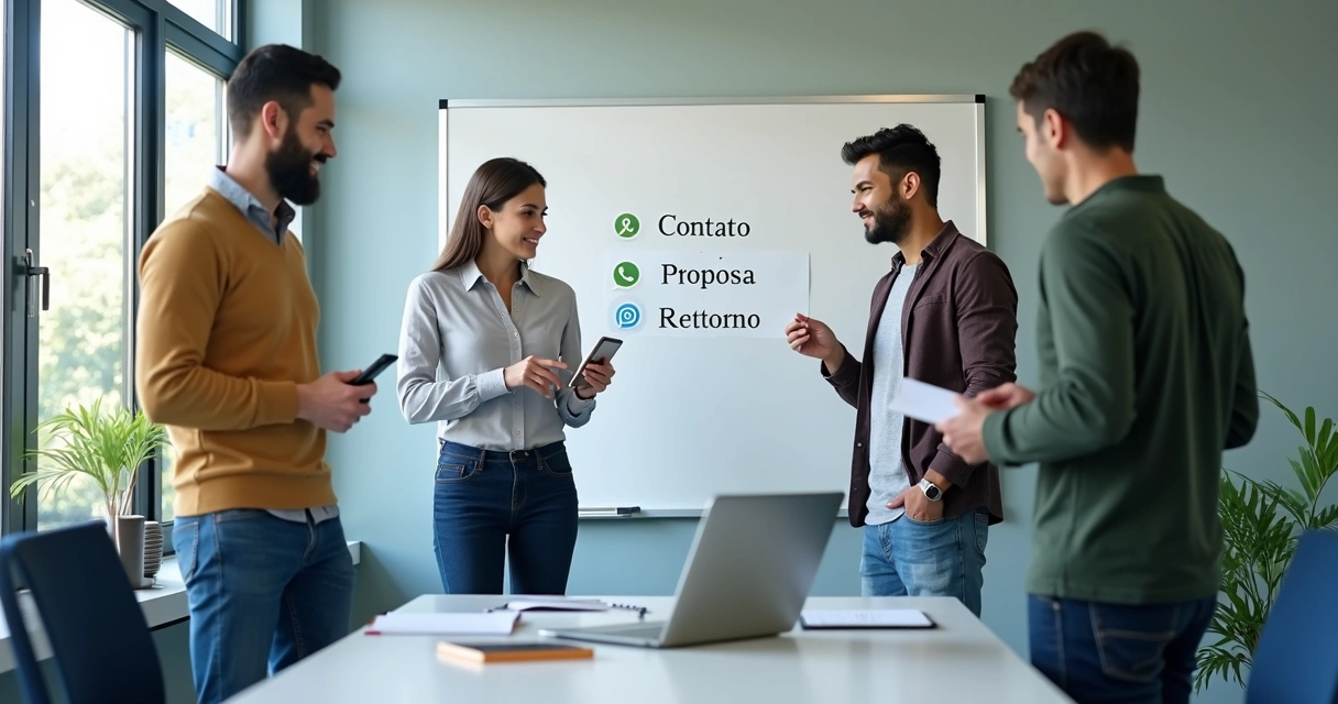Equipe pequena em reunião de vendas com quadro de etapas 