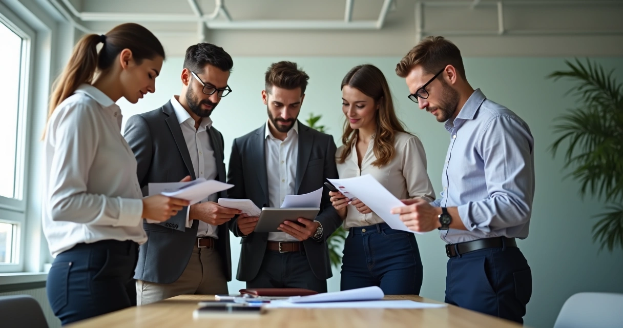 Pequena equipe de vendas discutindo checklist antes de reunião 