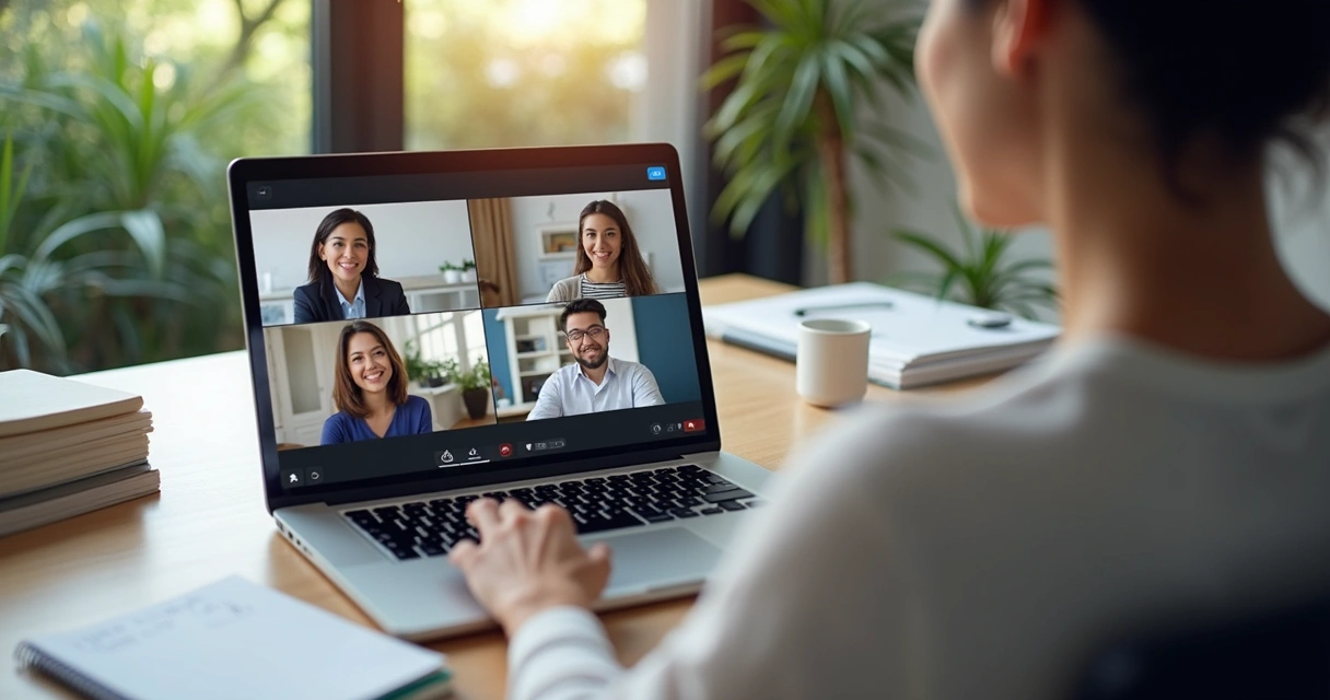 Equipe em reunião virtual com pauta exibida na tela 