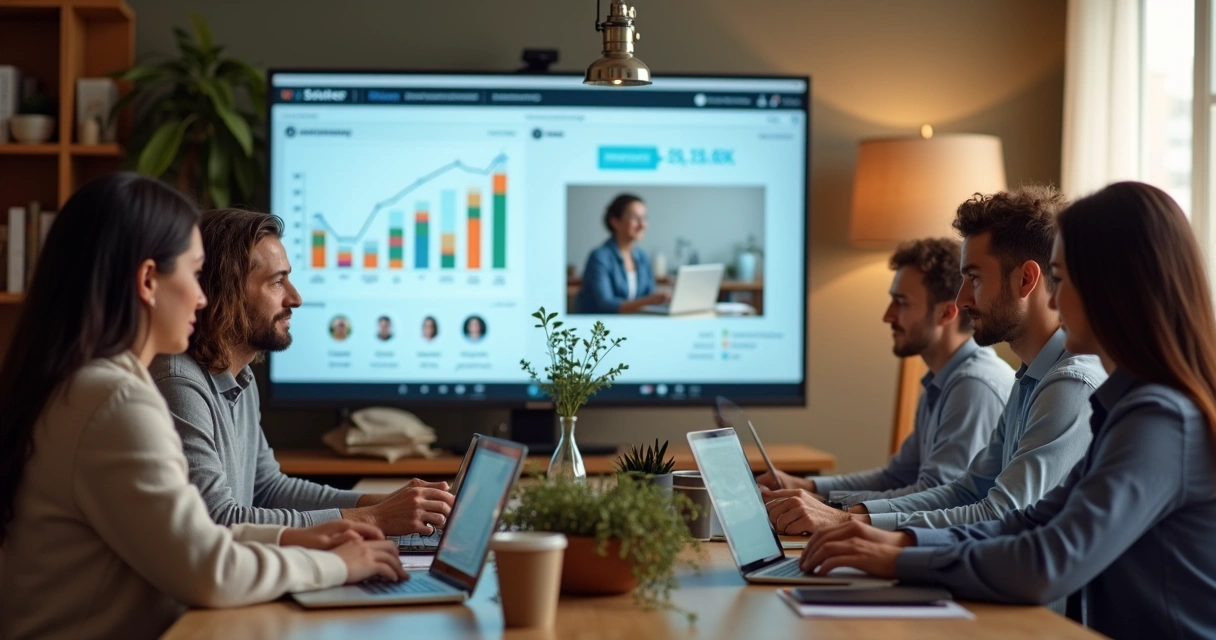 Equipe reunida em videoconferência discutindo resultados em um ambiente remoto 