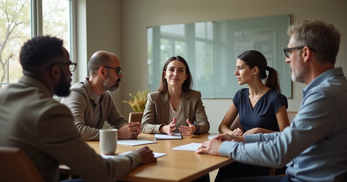 Equipe diversa em reunião acolhedora compartilhando vulnerabilidades 