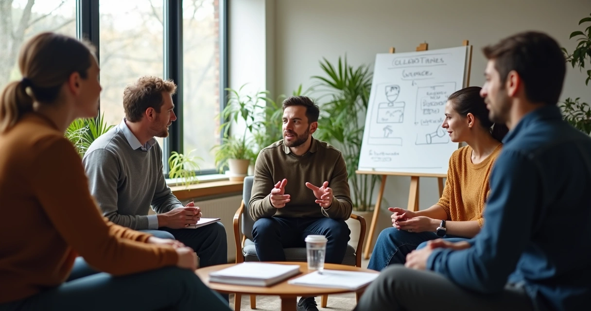 Equipe diversa em reunião acolhedora compartilhando vulnerabilidades e ideias 