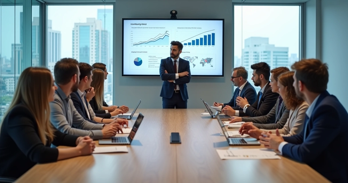 Equipe corporativa em reunião com alguns desmotivados e outros engajados em sala de escritório moderna 