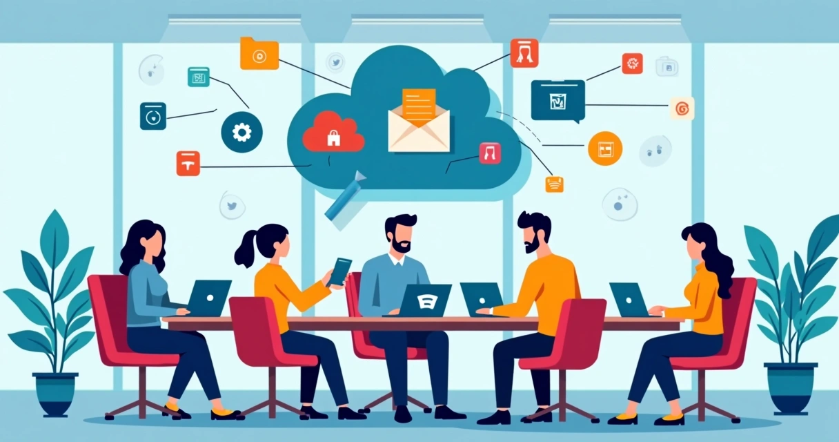 Equipe de agência reunida em volta de mesa, acessando arquivos na nuvem 