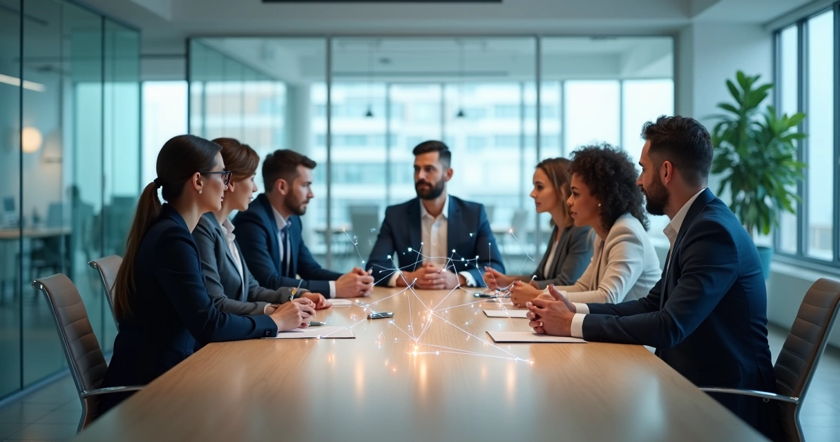 Equipe em reunião mostrando conexões invisíveis entre pessoas 